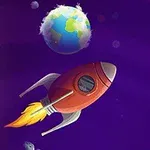 우주를 배경으로 지구와 빨간 로켓이 날아가는 장면