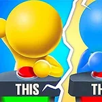 노란색과 파란색 캐릭터가 각각 빨간 버튼 앞에 서 있는 모습