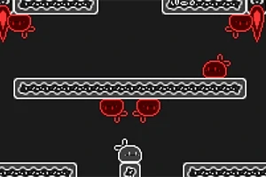 어두운 배경에 빨간색과 흰색의 픽셀 아트로 그려진 캐릭터와 플랫폼이 있는 장면