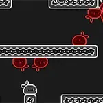 어두운 배경에 빨간색과 흰색의 픽셀 아트로 그려진 캐릭터와 플랫폼이 있는 장면