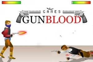 총을 쏘는 두 캐릭터와 GUNBLOOD 로고가 있는 장면