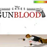 총을 쏘는 두 캐릭터와 GUNBLOOD 로고가 있는 장면