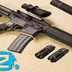 총기와 부속품들이 놓여져 있으며, 왼쪽 하단에 파란색 숫자 2가 있다