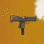 검은색 기관단총이 발사되며 탄피와 화염, 연기가 뿜어져 나오는 모습