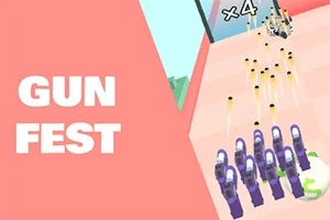 왼쪽에는 GUN FEST라는 텍스트가 있고, 오른쪽에는 여러 개의 보라색 총과 총알 궤적이 있는 장면입니다