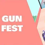 왼쪽에는 GUN FEST라는 텍스트가 있고, 오른쪽에는 여러 개의 보라색 총과 총알 궤적이 있는 장면입니다