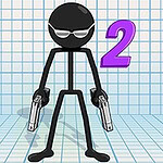 선글라스를 쓴 검은 스틱맨이 양손에 총을 들고 있고, 그 옆에 보라색 숫자 2가 있는 이미지