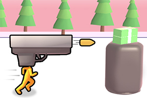 노란색 인간 모형이 총알을 피하며 달리고 있고, 배경에는 나무와 돈이 쌓여 있는 병이 있는 모습