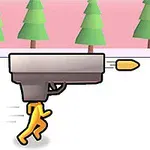 노란색 인간 모형이 총알을 피하며 달리고 있고, 배경에는 나무와 돈이 쌓여 있는 병이 있는 모습