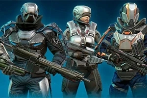 세 명의 고급스러운 갑옷을 입은 전사가 미래적인 무기를 들고 있다