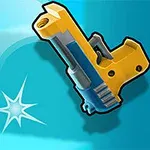 노란색과 파란색이 조화를 이룬 가상의 총이 실탄과 함께 있는 이미지