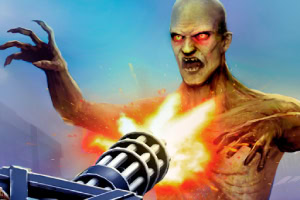 거대한 괴물이 빨간 눈으로 공격하고, 기관총이 괴물을 향해 발사되고 있는 장면