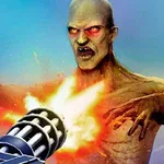 거대한 괴물이 빨간 눈으로 공격하고, 기관총이 괴물을 향해 발사되고 있는 장면