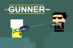 왼쪽에 파란색 총을 든 노란색 사각형 캐릭터와 오른쪽에 선글라스를 쓴 캐릭터가 서로 대치하고 있다