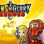 세 명의 중세 스타일 캐릭터가 노란 배경 앞에 서 있고, 중앙에 드래곤 실루엣과 성이 그려져 있는 모습