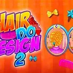 오렌지 배경에 HAIR DO DESIGN 2 텍스트와 두 가지 헤어스타일이 있는 거울 이미지