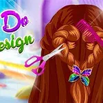 화려한 글씨가 있는 배경에 머리가 땋인 여성의 머리와 빗, 가위, 나비 모양의 머리핀