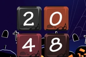 어두운 배경에 호박과 무덤 그림 뒤로 숫자 2048이 적힌 네 개의 사각형 블록이 배열되어 있습니다
