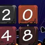 어두운 배경에 호박과 무덤 그림 뒤로 숫자 2048이 적힌 네 개의 사각형 블록이 배열되어 있습니다