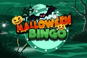 깜찍한 호박과 박쥐가 있는 Halloween Bingo 글자가 어두운 숲 배경에 놓여 있다