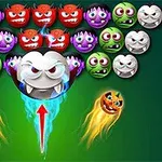 다양한 표정을 가진 괴물 모양의 컬러풀한 공들이 삼각형 형태로 배열되어 있고 가운데 큰 흰색 공이 빨간 화살표 위에 있다