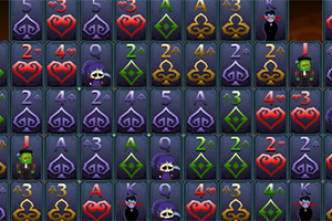 다양한 색상의 하트, 다이아몬드, 클럽, 스페이드 모양과 만화 캐릭터들이 그려진 카드 배열