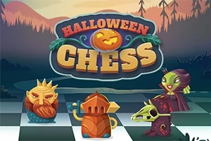 호박 장식의 HALLOWEEN CHESS 로고와 기괴한 디자인의 체스 말들이 어두운 배경에 배치된 이미지