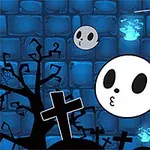 어두운 배경에 유령 얼굴과 거미줄, 묘비, 나무가 있는 삽화