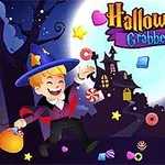 한 남자아이가 마법사 복장을 하고 핼러윈 사탕을 들고 있는 모습과 호박이 달린 성이 있는 밤 하늘 배경