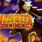 보라색 배경에 노란 달, 호박, 유령, 마녀 모자 이미지와 HALLOWEEN HIDDEN OBJECT라는 글자가 있는 그림