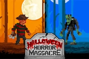 빨간 배경의 남성과 파란 배경의 괴물이 정면에서 마주보고 있으며, 중앙에는 Halloween Horror Massacre라는 글자가 새겨진 묘비가 있다