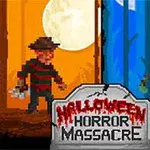 빨간 배경의 남성과 파란 배경의 괴물이 정면에서 마주보고 있으며, 중앙에는 Halloween Horror Massacre라는 글자가 새겨진 묘비가 있다