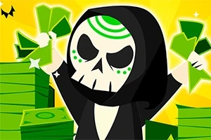 해골 의상을 입은 캐릭터가 손에 돈을 쥐고 있으며, 주변에 녹색 지폐 더미가 쌓여 있는 모습