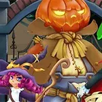 마녀, 드라큘라, 호박 모양 허수아비가 함께 있는 장면