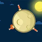 달 모양의 행성에 세 개의 검이 꽂혀 있고, 밝은 노란색 태양이 오른쪽 위에 떠 있는 이미지