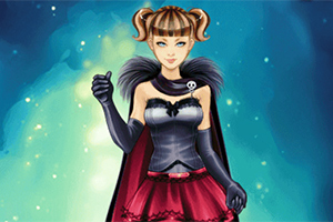 묶은 머리와 검은 망토를 두른 여성 캐릭터가 파란 배경 앞에 서 있다