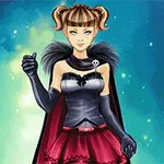 묶은 머리와 검은 망토를 두른 여성 캐릭터가 파란 배경 앞에 서 있다