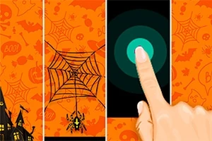 오렌지색 배경에 거미줄과 거미 그림이 있고, 검정색 화면을 손가락으로 터치하는 모습