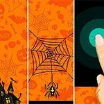 오렌지색 배경에 거미줄과 거미 그림이 있고, 검정색 화면을 손가락으로 터치하는 모습