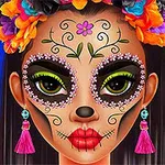 화려한 꽃 장식 머리띠와 전통 문양으로 꾸며진 얼굴을 가진 여성