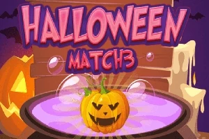 보라색 마법 가마솥 위에 있는 웃고 있는 호박 등불과 핑크색 HALLOWEEN MATCH 3 텍스트