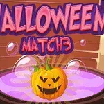 보라색 마법 가마솥 위에 있는 웃고 있는 호박 등불과 핑크색 HALLOWEEN MATCH 3 텍스트