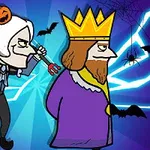 할로윈 모자를 쓴 캐릭터가 왕 모자를 쓴 캐릭터를 따라가는 장면과 박쥐, 거미줄 배경