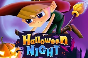 할로윈 모자를 쓴 캐릭터가 보라색 배경에서 빗자루를 타고 있으며, 호박과 할로윈 나이트라는 글자가 있다