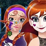 빨간 머리 두 소녀가 있으며, 한 소녀는 뱀파이어처럼 꾸미고 있고, 다른 소녀는 얼굴에 여드름이 있는 모습