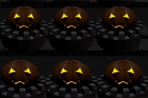 어두운 배경 위에 있는 여섯 개의 발광하는 노란색 눈과 입을 가진 호박 얼굴들