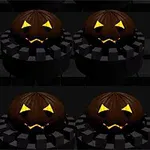 어두운 배경 위에 있는 여섯 개의 발광하는 노란색 눈과 입을 가진 호박 얼굴들