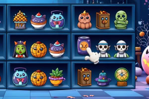 선반에 다양한 할로윈 장식품과 캐릭터들이 진열되어 있는 모습