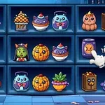 선반에 다양한 할로윈 장식품과 캐릭터들이 진열되어 있는 모습