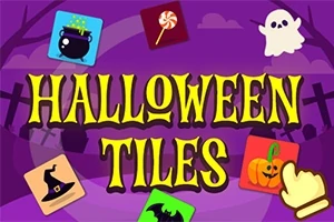보라색 배경 위에 HALLOWEEN TILES라는 노란색 글씨와 마녀 모자, 유령, 호박, 사탕 등의 할로윈 아이콘들이 배열되어 있습니다